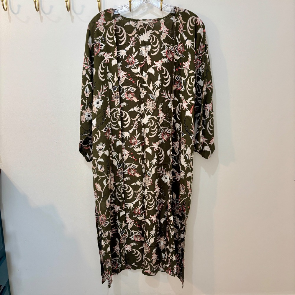 Ann Taylor Kimono Poncho Hunter Green Floral Boho‎ Indie XS